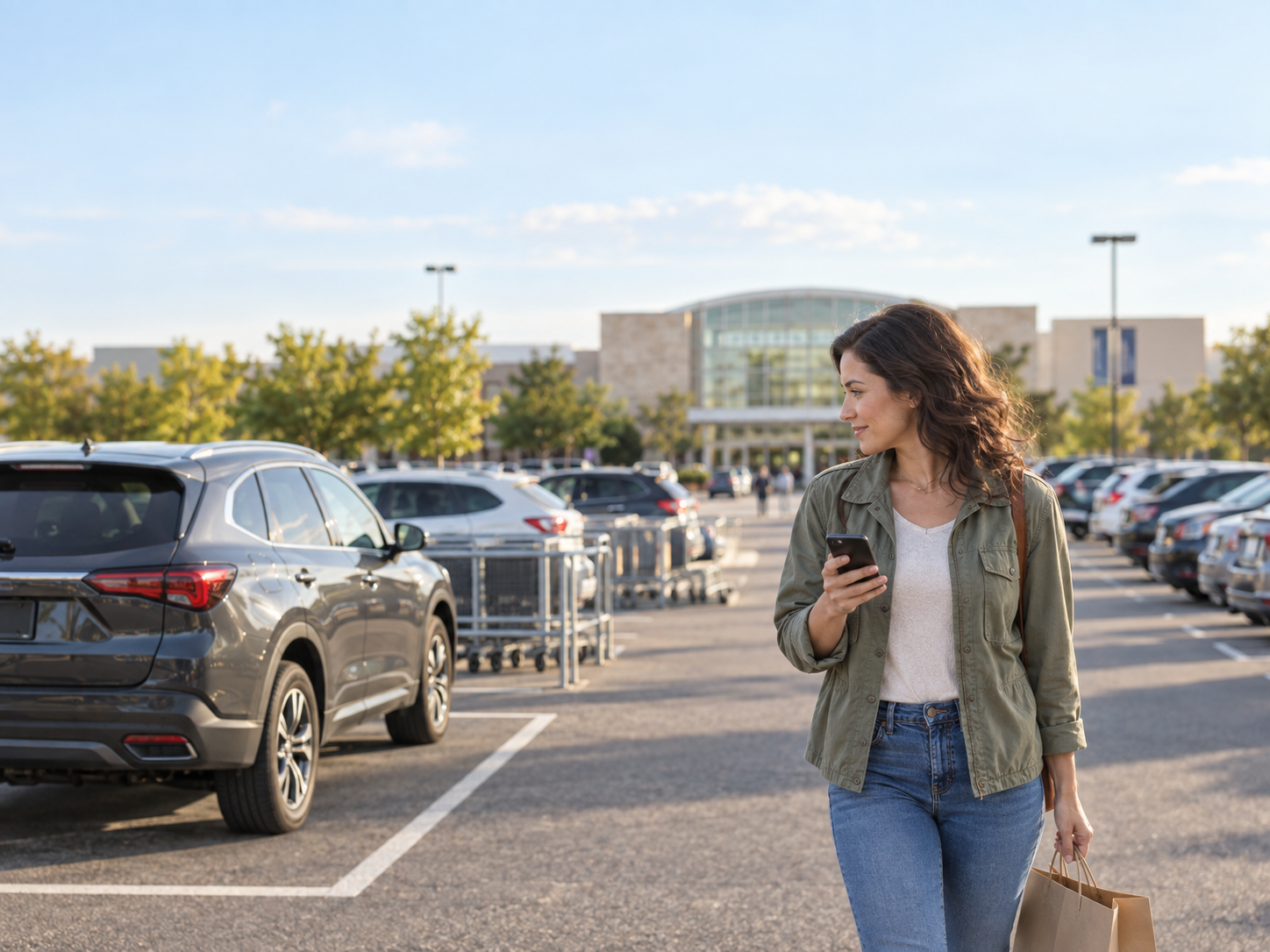 A driver returning to her parked car outside a shopping center