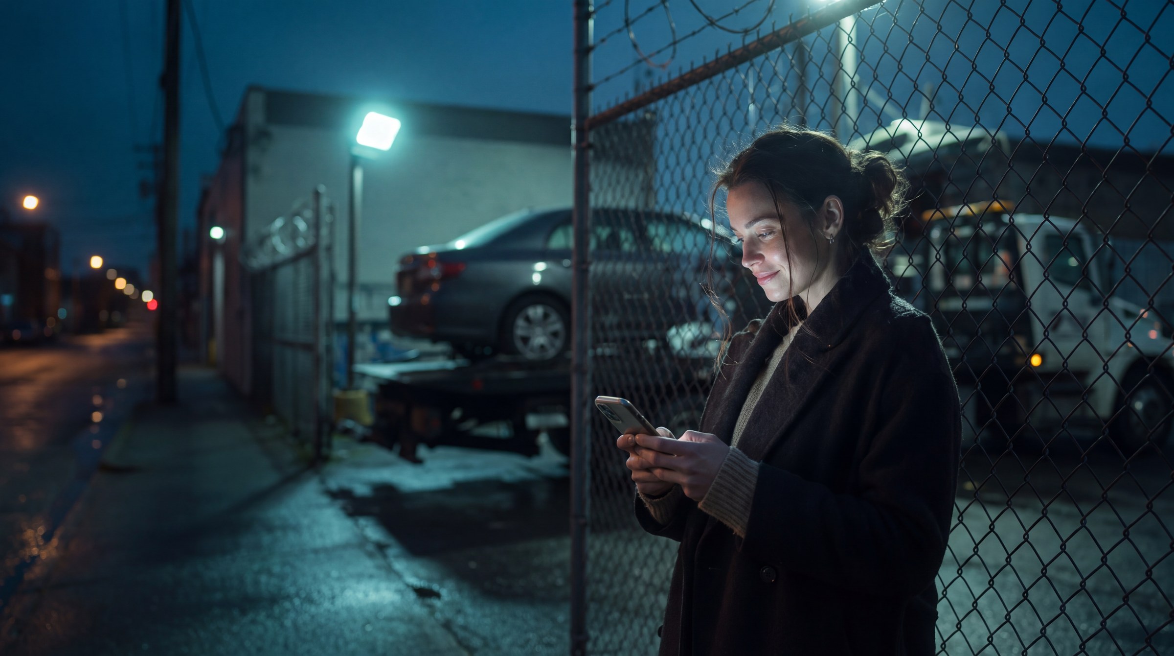 A woman outside a tow yard at night, relieved as she reads her phone, with a car on a flatbed tow truck behind the fence.